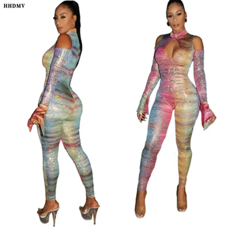 HHDMV Высокая шея повязки Красочные шикарные Bling мода с длинным рукавом Длинные брюки комбинезоны для офиса тонкий комбинезон