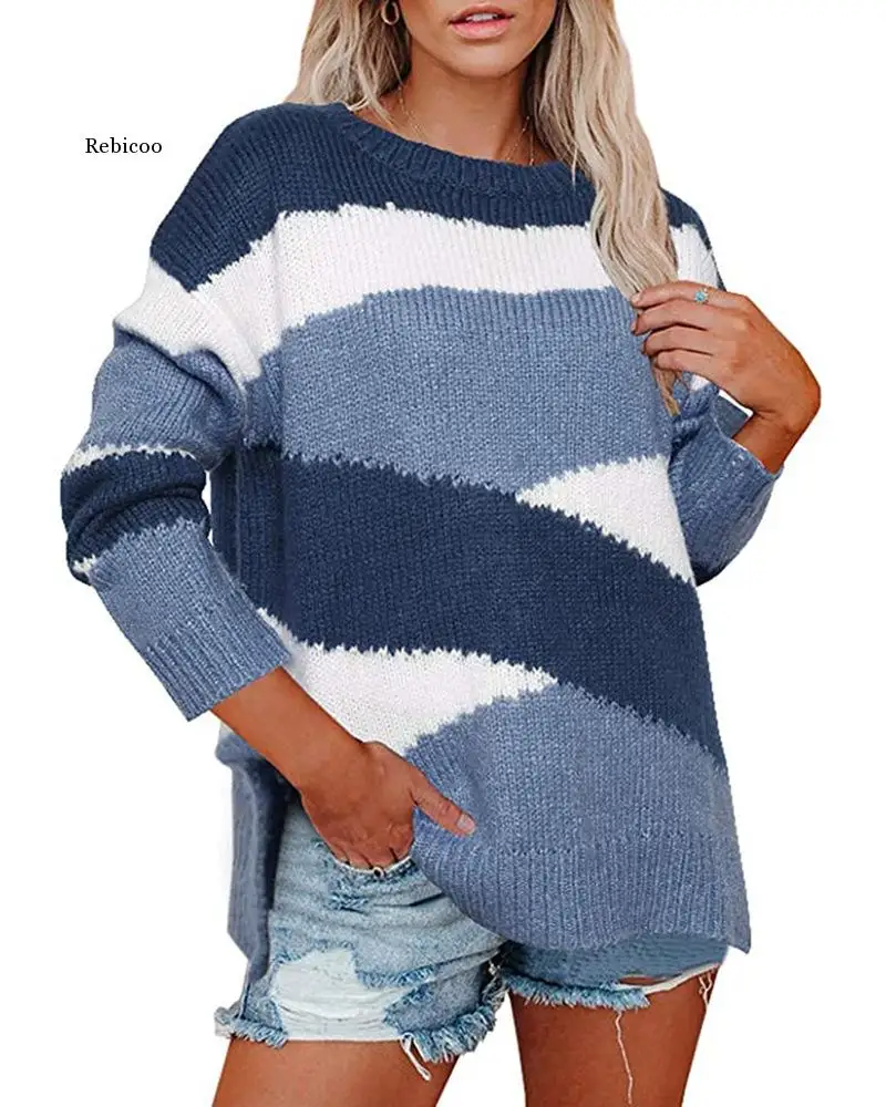 

Fall/winter Women's European and American Loose Knit Sweater Irregular Stripes Color Block Sweater Women Pullover