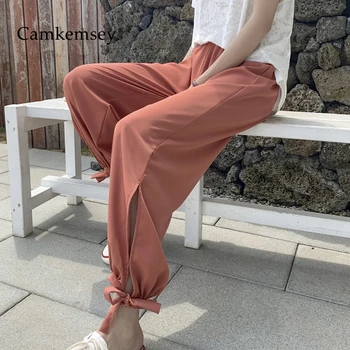 

CamKemsey Summer Pants Women 2020 Korean Solid Elastic High Waist Side Split Ankle Length Loose Thin Chiffon Wide Leg Trousers