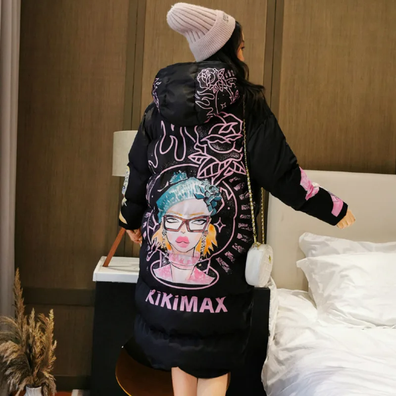 Beste Vefadisa Winter Karakter Print Parka Vrouwen 2019 Dikke Hooded Parka Jacket Losse Ritsen Katoen Gewatteerde Jas Wit Zwart QYF1284