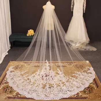 

Luxury Long Lace Wedding Veil Cathedral Bridal Veil with Comb One Tier White Ivory 3 Meters Bride Veil Wedding Accessories Welon