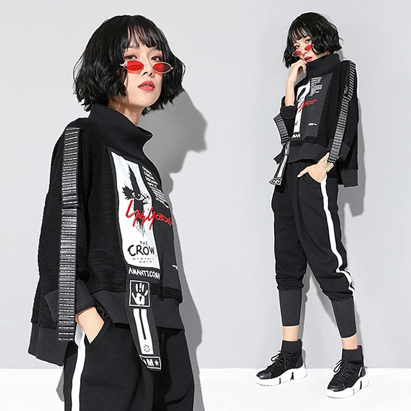 Ceny Drukuj wzór w napisy bluza bluzy kobiety koreański moda nowy sweter patchwork wstążka ubrania luźne topy na co dzień 2019 jesień