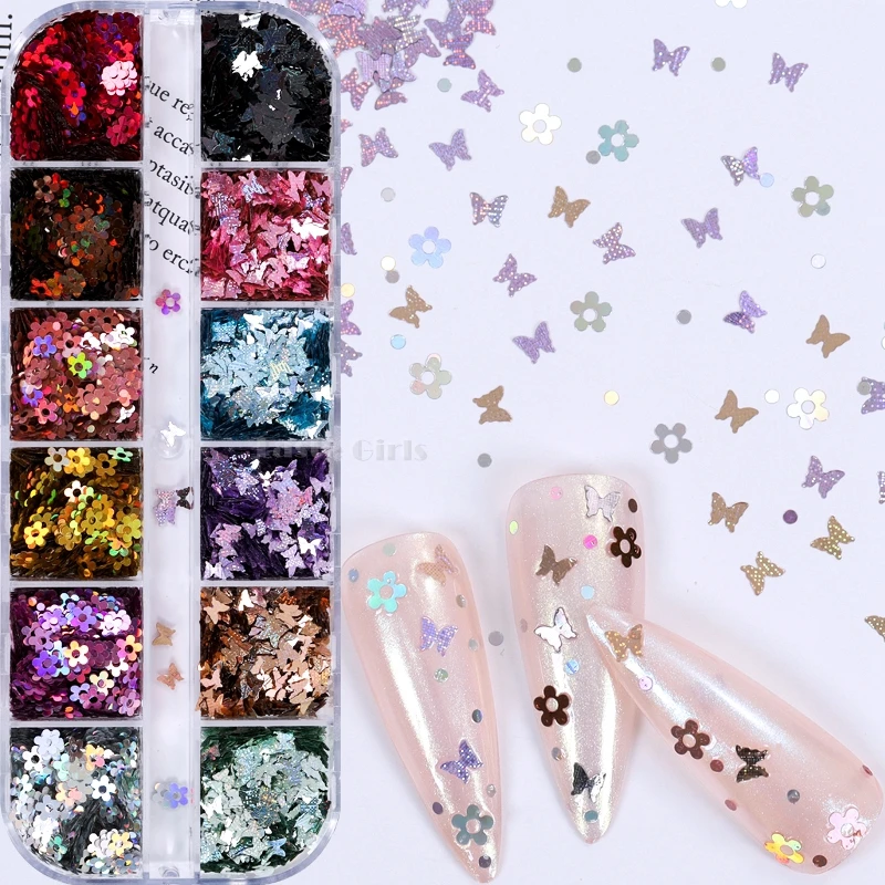 

12 Grids/Box Mix Colors Butterfly Plum blossom Holographic Grain Texture Sequins Nail Glitter Paillette Nail Art Slice Decals