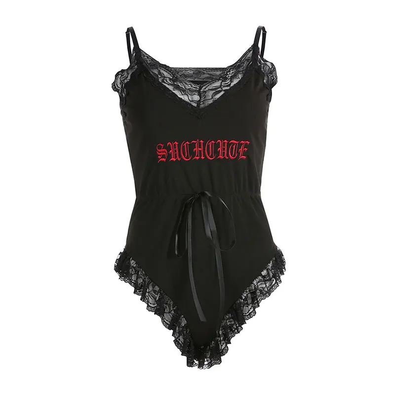 InsGoth женские Соблазнительные Кружевные Боди готический панк эстетика черные женские боди с вышивкой буквами облегающие Женские Комбинезоны Боди