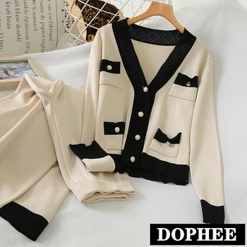 

2020 Spring New Elegant V-neck Knit Cardigan Shirt Tops + Loose Wide Leg Trousers Set Two-Piece Women's Pants Set