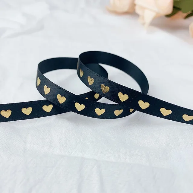 5 Yards 10mm Satin Ribbons Heart Pattern Printed Ribbon For Crafts DIY Bow Handmade Gift Wrap Party Wedding Christmas Decor Black