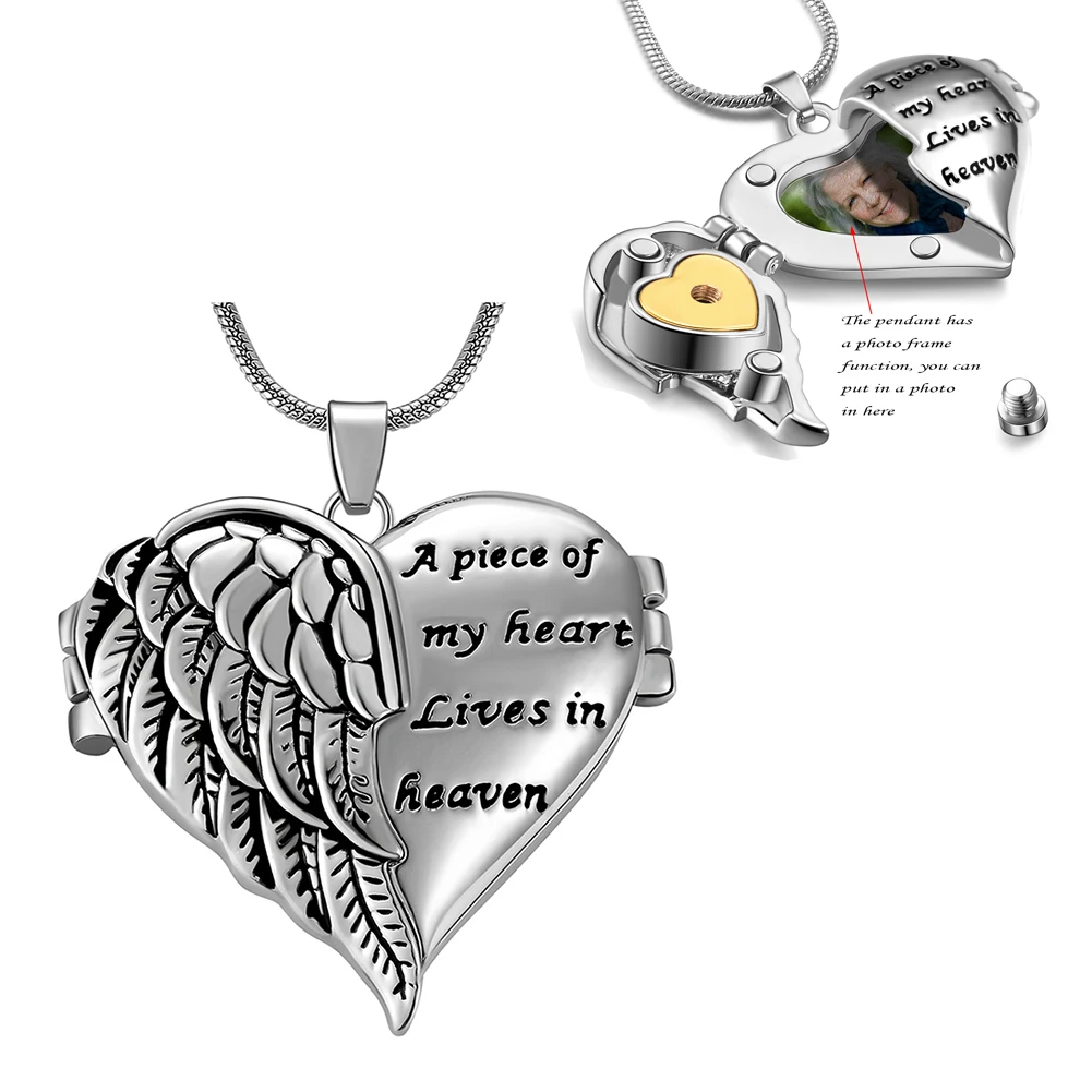 Korliya Angel Wings Heart Love Urn Necklace for Ashes Memorial Keepsake Pendant 