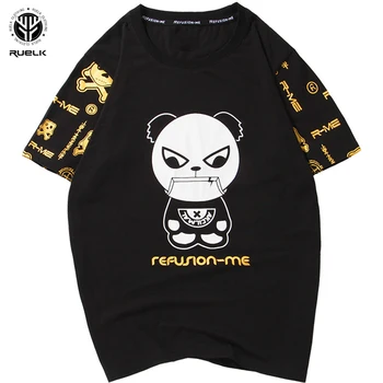 

RUELK New Summer Cartoon Panda Bronzing Letters Printed Short-Sleeved Men's T-Shirt Cotton Large Size Summer Top M-5XL