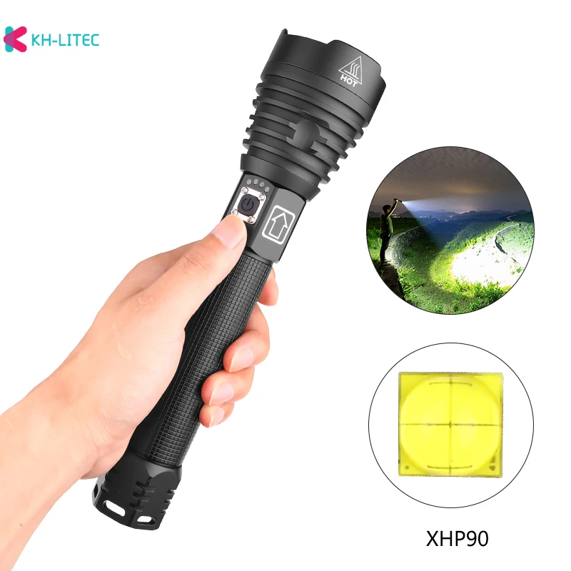 XHP90 LED Flashlight Zoom 3 Modes USB Rechargeable Power Display Powerful Torch Searchlight 18650 26650 Handheld Light