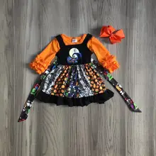 Осенне-зимнее платье на Хэллоуин для маленьких девочек, Призрак Череп, оранжевый топ, черный пояс, детская одежда, молочный шелк, оборки, длина до колена, с бантом