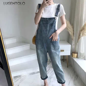 

Lugentolo Women Jeans Spring Summer Overalls Korean Lovely Loose High Waist Casual Fashion Pocket Cute Ankle-length Jeans