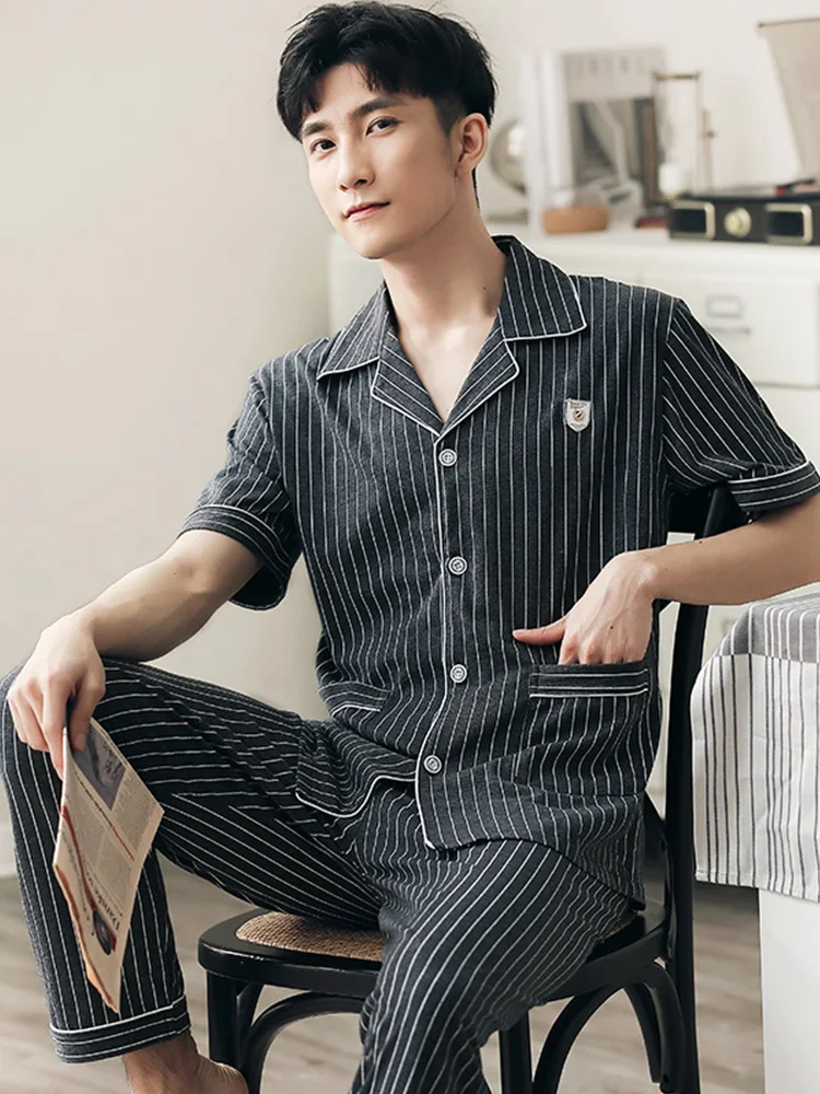 Summer 100% Cotton Pajamas Set Men Striped Short Sleeves Sleepwear Homewear Plus Size Pijama Hombre PJs Cotton Pyjama Homme