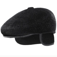 HT2636 осень зима мужская шапка Толстая Теплая мужская плоская кепка плюща шапка норковые меховые наушники шапки для мужчин берет с ушками Папа Шапка Берет