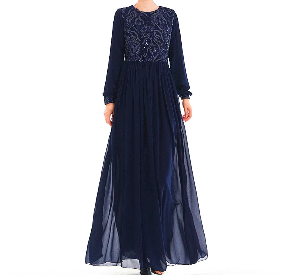 Ах! Уютная мусульманский костюм Дубай Ислам одежда с длинным рукавом Ислам ic Костюмы кружевное элегантное женское платье хиджаб абайя парадный Audlts Вечерние - Цвет: Y023-Tibetan blue
