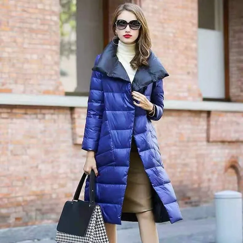 

Winter mid-length down jacket, white duck down, Korean style slim-fit over-the-knee women's padded jacket, trendy 2020 ladies