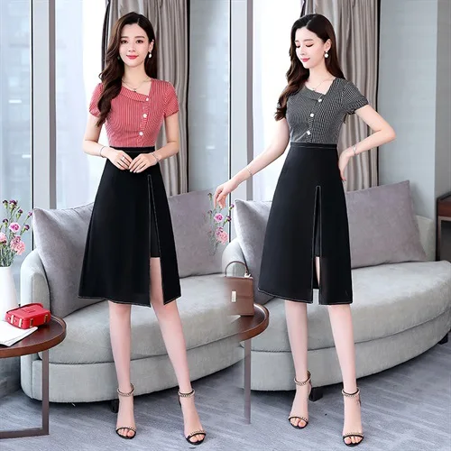 

Dress 2019 Summer Slimming Slim Fit Versatile Stripe Dress Mid-length Feminine Fashion Simple Slit Skirt