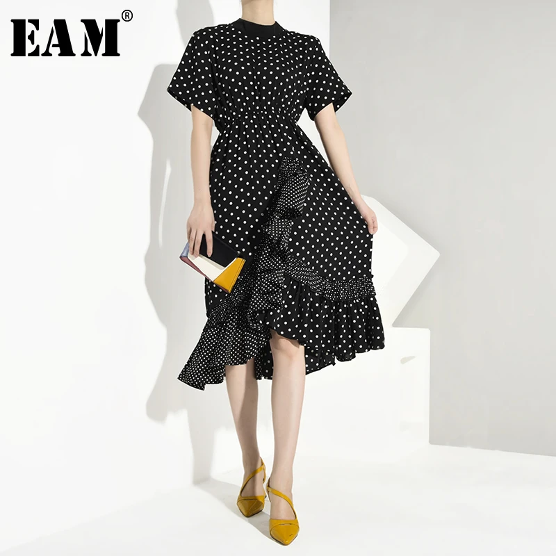 

[EAM] Women Dot Print Ruffled Pleated Spliced Dress New Stand Neck Short Sleeve Loose Fit Fashion Tide Spring Autumn 2019 JU842