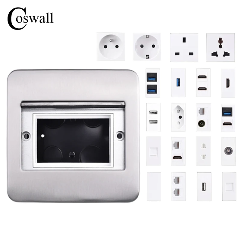 COSWALL Hidden Socket stainless steel cover wall table floor outlet, EU UK US power socket USB Type C fast charger CAT6 internet HDMI compatible