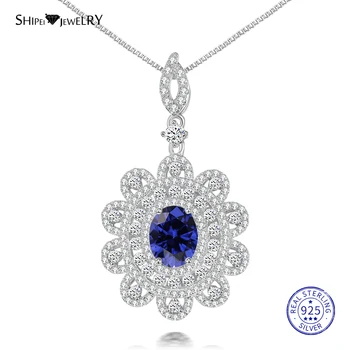 

Shipei 100% 925 Sterling Silver Necklace Fine Jewelry Oval Sapphire Emerald Ruby Flower Pendant Necklace for Women Birthday Gift