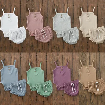 

2020 New Baby Girls Summer Clothes Set Cotton Sleeveless Rompers Tops Shorts 2 Pieces Toddler Girls Outfit Infant Baby Clothing