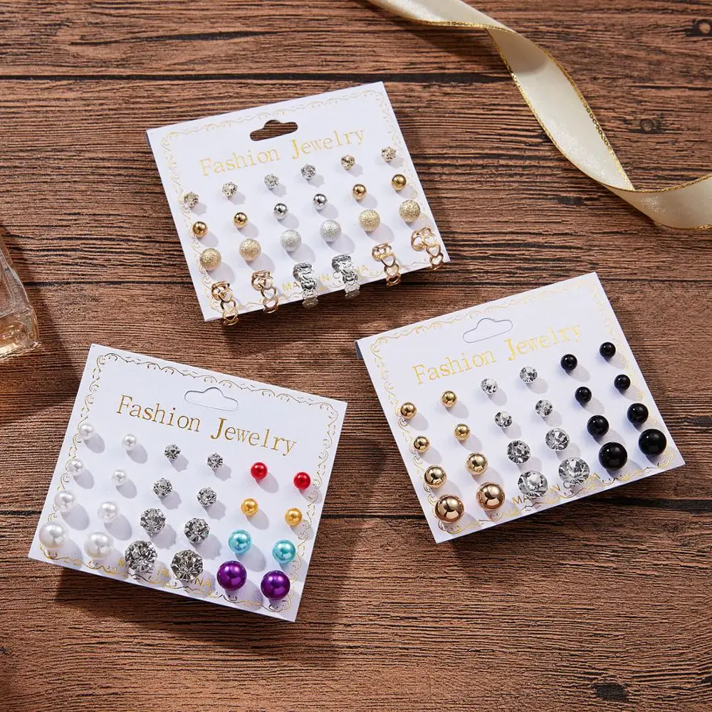 

8SEASONS 12 Pairs Earrings Set Round Ball Ear Stud Transparent Zircon Imitation Pearl Zinc Alloy Fashion Jewelry for Men Women