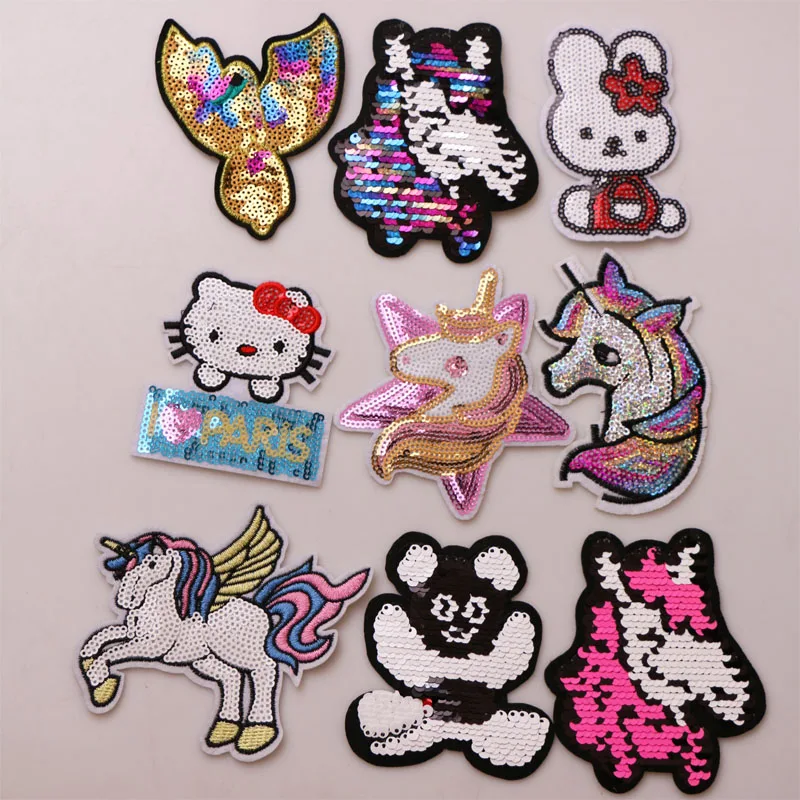 

2 Pcs Unicorn, Kitty, Bear Cartoon Sequin icon Iron on Patches for Clothing DIY Stripes Patchwork Stickers Custom Badges