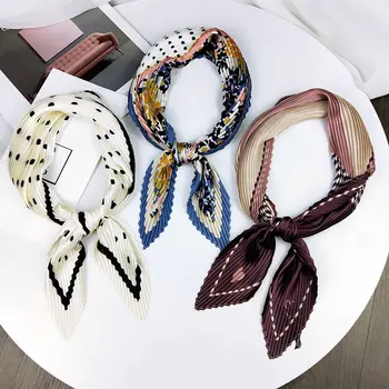 

Crinkle Scarf Artificial Silk Printed Neck Scarves Women Scarf Elastic Hair Band Square Scarf Bandana Handkerchief Pleated Scarf