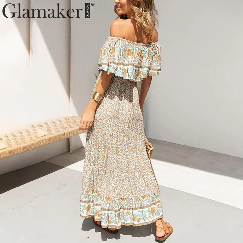 Glamaker длинное платье макси с открытыми плечами, летнее шикарное платье с цветочным принтом и рюшами, платье с высокой талией, вечерние платья с открытой спиной, женское винтажное платье