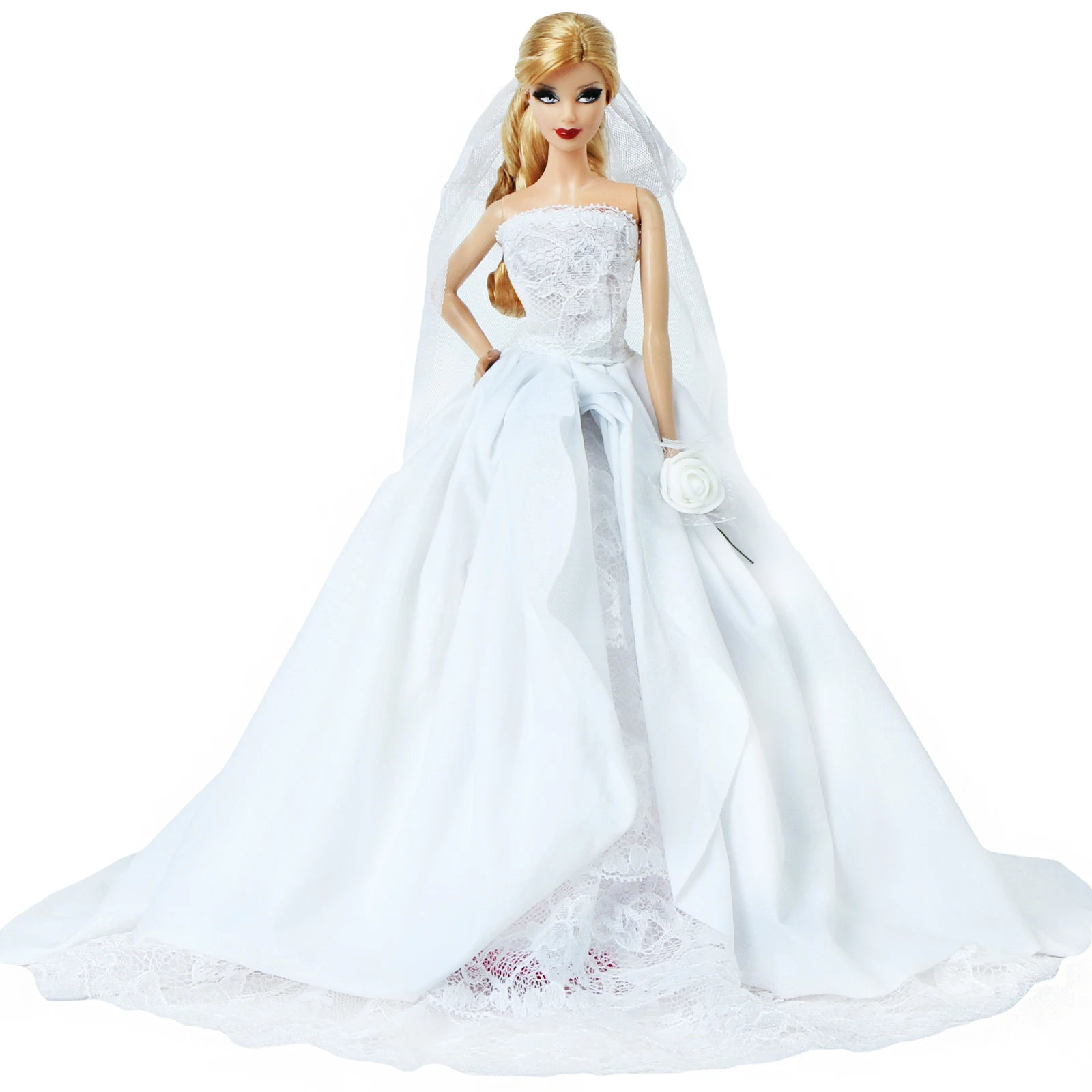 Белое свадебное платье ручной работы, платье принцессы с открытыми плечами+ кружевная одёжная вуаль для куклы Барби, аксессуары для дома, игрушка для девочек