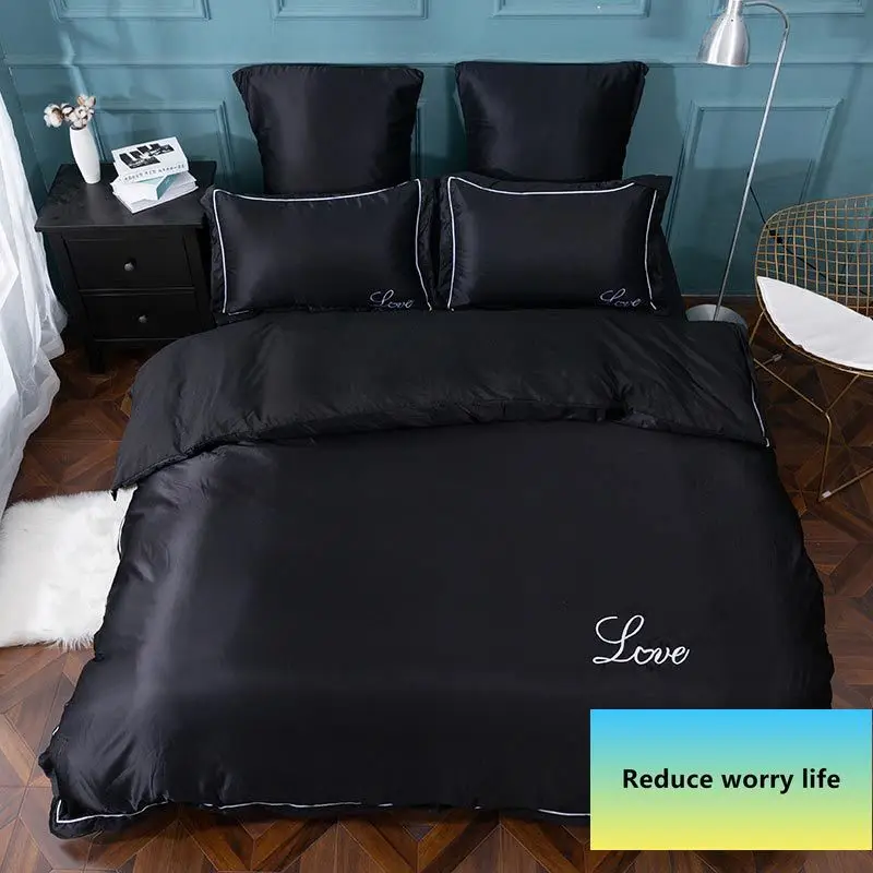 

YAXINLAN luxury bedding set pure satin silk Pure color European style Embroidery Bed sheet, quilt cover pillowcase 4-6pcs