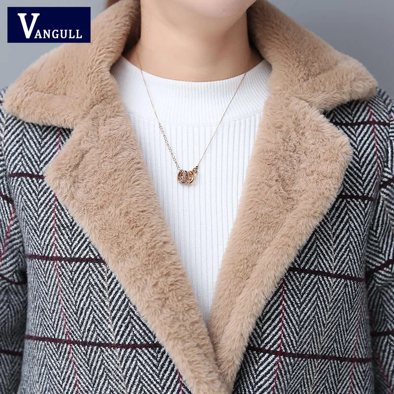Vangull, зимняя женская шерстяная повседневная куртка, клетчатый Тренч, элегантное тонкое пальто с толстой меховой подкладкой, верхняя одежда для женщин, кашемир, новинка