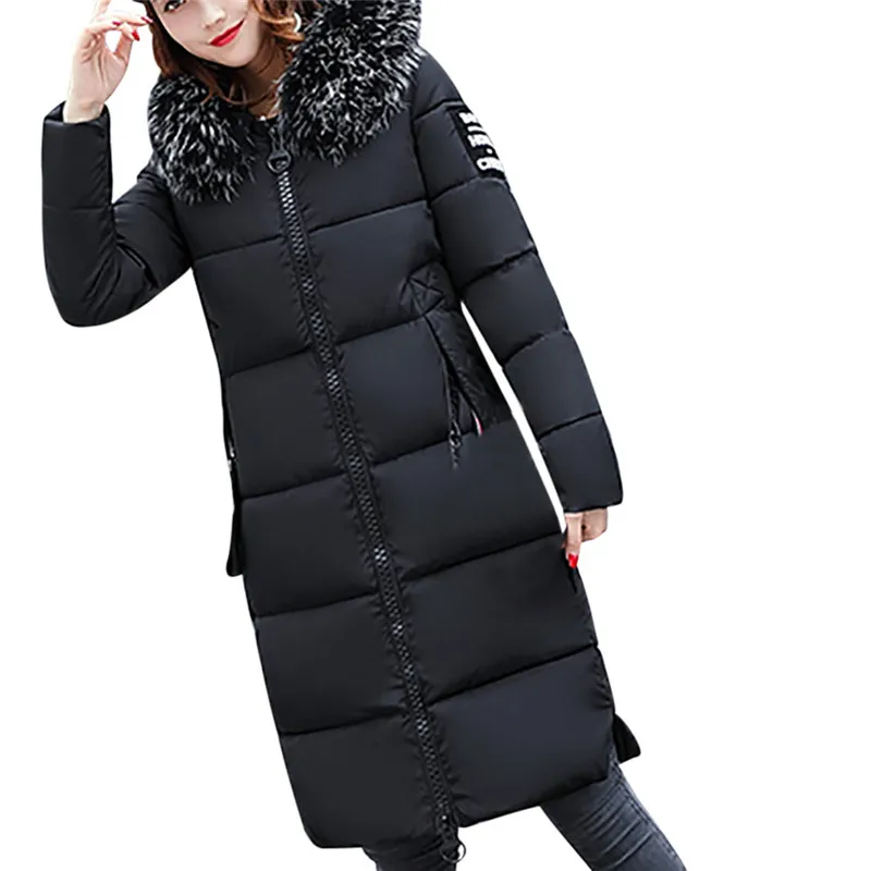 Женская однотонная Повседневная утолщенная зимняя тонкая пуховая куртка Lammy, пальто, Женское пальто средней длины с большим меховым воротником, утепленный хлопковый костюм - Цвет: Black