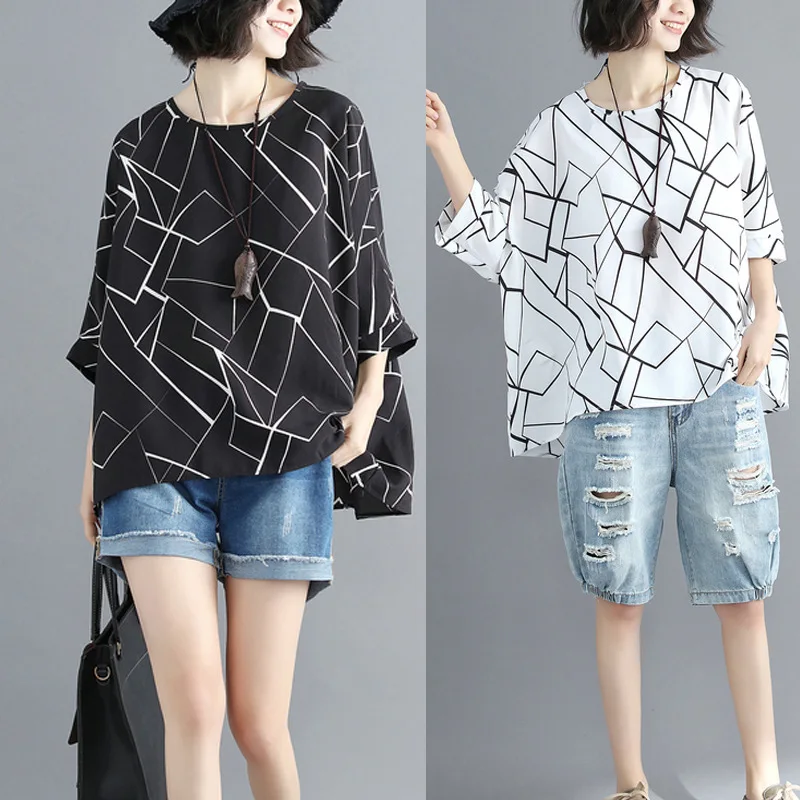 

Plus-sized WOMEN'S Dress Fat Mm Summer Wear 2018 New Style Loose Bat Short Sleeve T-shirt Printing Chiffon Shirt 200