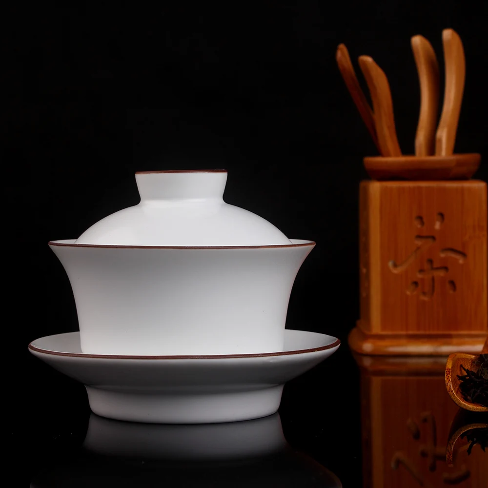 Цзиндэчжэнь Gaiwan Ding печи матовый белый коричневый обод керамический Gongfu Чай