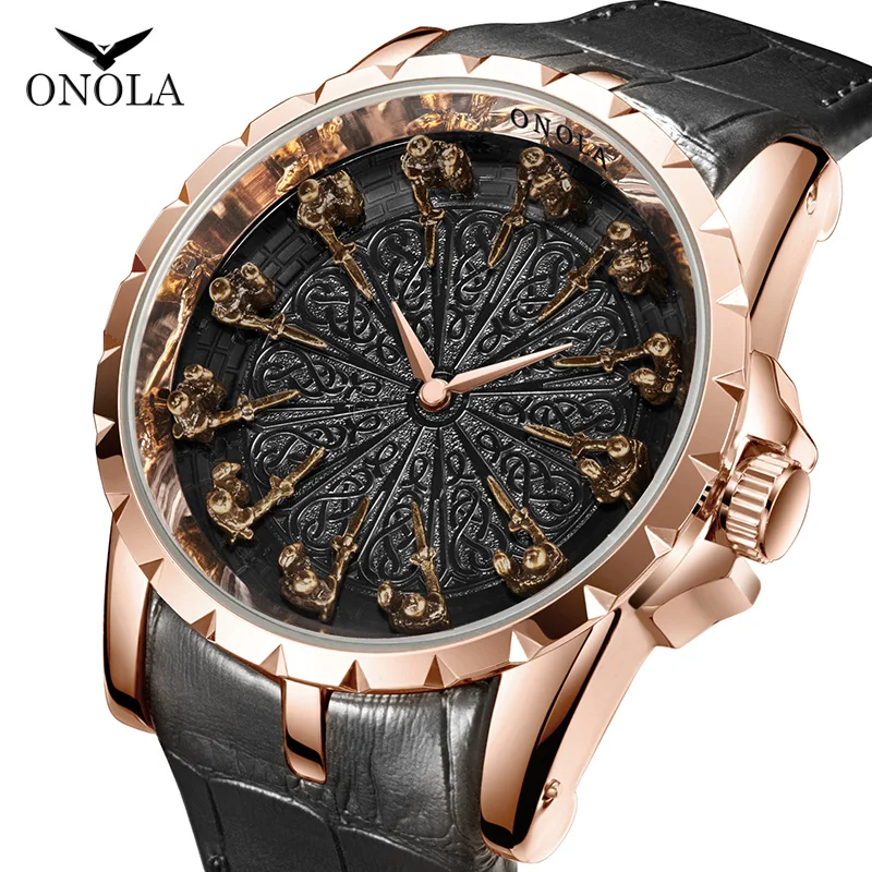 Online ONOLA unico marchio di orologio al quarzo uomo di lusso in oro rosa di cuoio freddo regalo per l uomo della vigilanza di modo casuale impermeabile Relogio Masculino