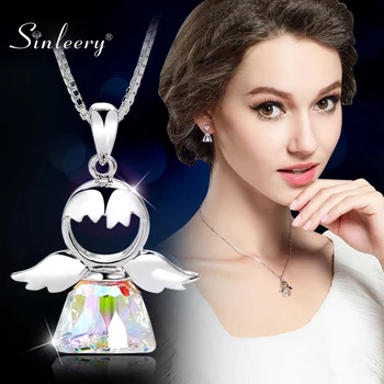 SINLEERY Lovely Austria Crystal Angel Pendant Necklace Silver Color Chain Necklace For Women Girlfriend Gift Xl034 SSI