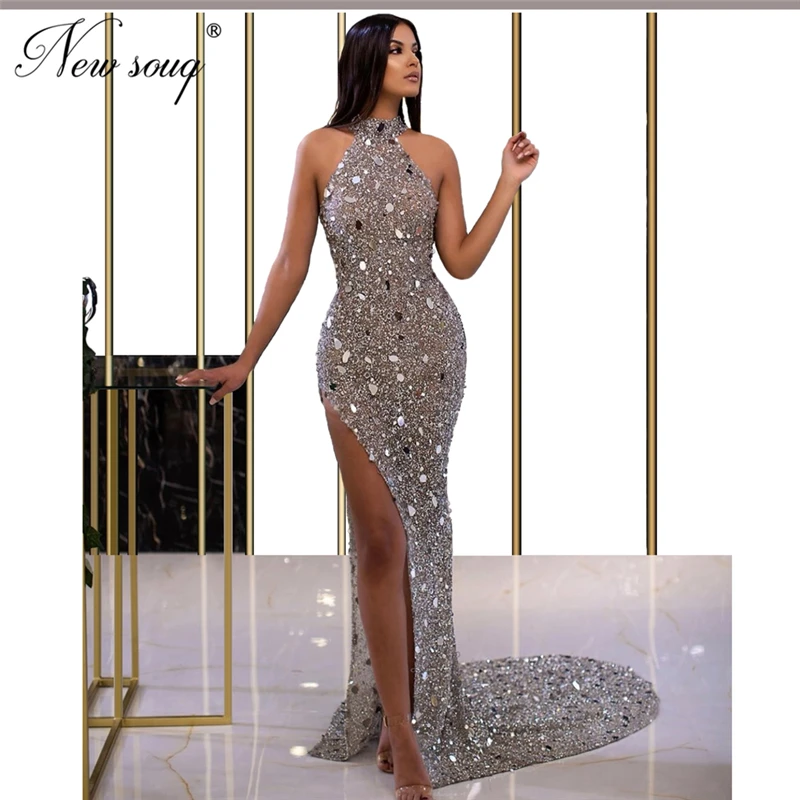 

Sexy Glitter Fabric Evening Dress Sliver Halter Dubai Saudi Arabic Evening Party Gowns Robe De Soiree Long Prom Dresses 2020