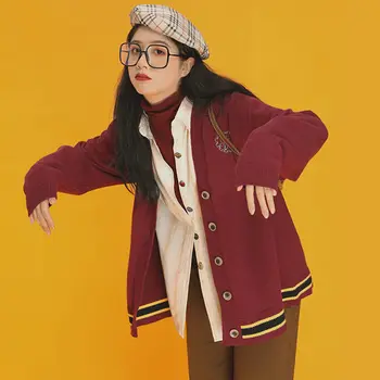 

Li Chic autumn New loose striped v-neck sweater female fat mm academic style emo logo cardigan jacket