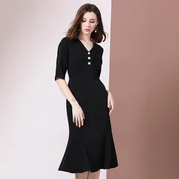 

Black Fishtail Long Dress 2019 Autumn/summer New V Has Feminine Dress Elegant High Waist Slimming Half Sleeve Trumpet / Mermaid
