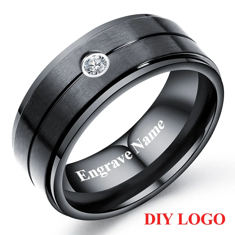 AZIZ BEKKAOUI Black Engrave Name Stainless Steel Rings for Men DIY Wide Crystal Ring Male Finger Rings Gift - Цвет основного камня: diy logo