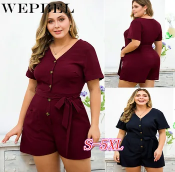 

WEPBEL Women Jumpsuit Buttons V-Neck Short Sleeve Casual Elegant Pockets Casual Jumpsuit Summer Ladies Solid Overalls Jumpsuit