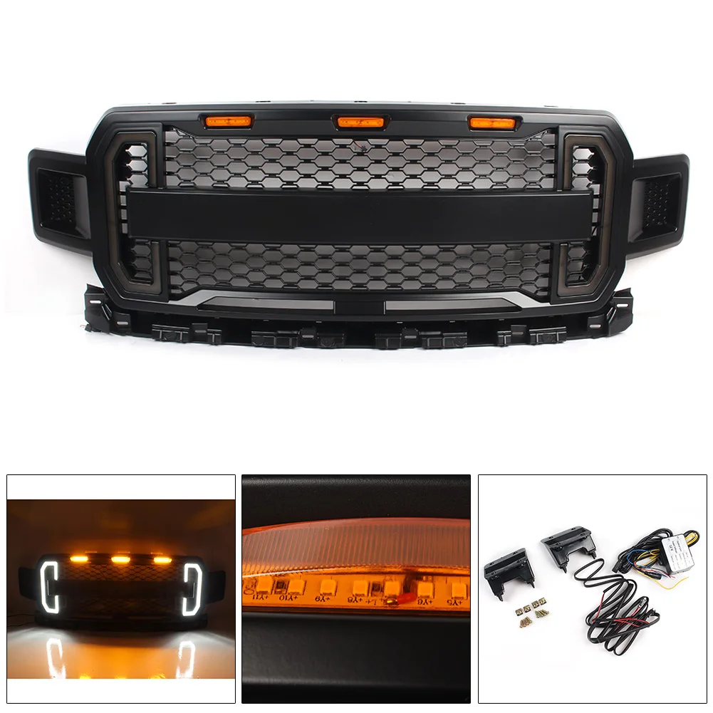 

Car Front Bumper Grille w/ Amber LED Light For 2018 2019 Ford F150 F-150 ABS Plastic Raptor Style Car Accessories