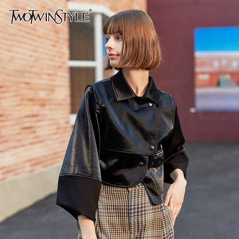 TWOTWINSTYLE Vintage Irregular PU Leather Women's Jacket Lapel Collar Lantern Half Sleeve Short Autumn Coats Female Fashion Tide | Женская