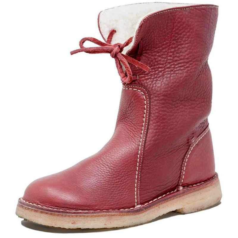 Женские зимние ботинки; зимние ботинки средней высоты; однотонная теплая обувь из плюша с завязками; большой размер 43; Легкие ботинки на плоской подошве для девочек - Цвет: Red