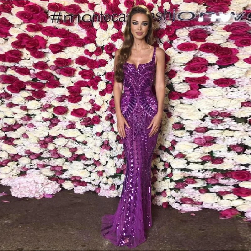 Purple Fashion Sequined Elegant Long Dress Sexy SpaghettI Strap Celebrity Runway Festival Evening Party Maxi Vestidos