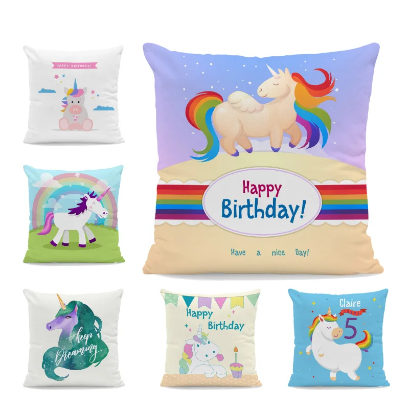 

Cartoon Birthday Blessing Unicorn Pillow Set Rainbow Cloud Cake Geometric Sofa Decoration Cushion Cover Peach Cashmere Pillow