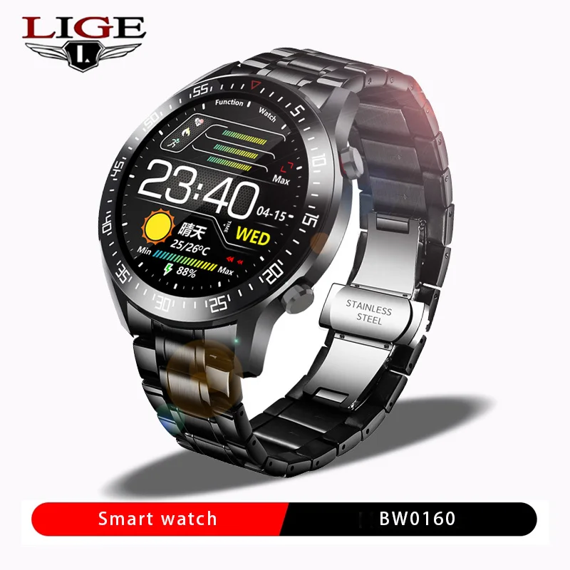 

LIGE 2020 New Steel Band Smart Watch Men For Android IOS Phone Heart Rate IP68 Waterproof Full Touch Screen Luxury Smartwatch