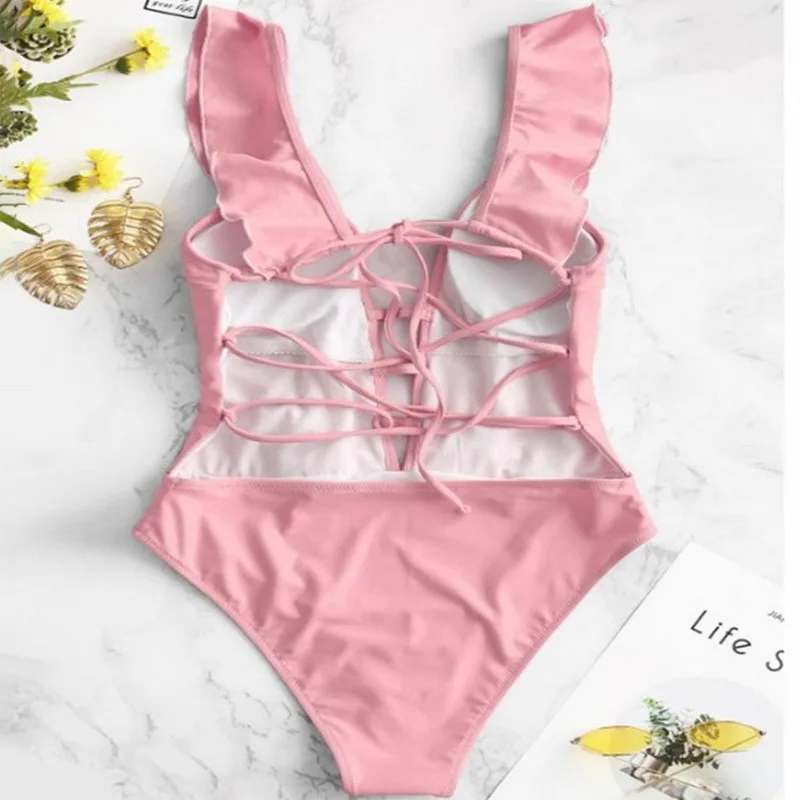 Women Swimwear Sexy One Piece Swimsuit Ruffles Bodysuit Bandage Cut Out Beach Bathing Suit Swim Wear Monokini Swimsuit