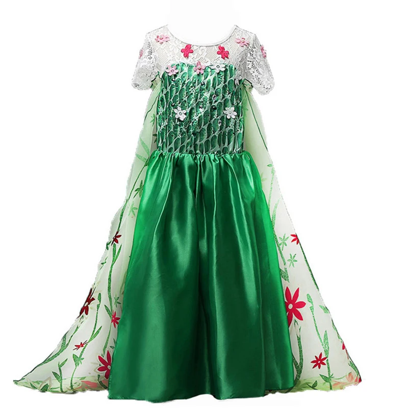 Green Elsa Dress Костюм Королевы Эльзы из аниме для девочек, вечерние платья принцессы Анны, нарядная одежда с героями комиксов Эльзы, детская одежда на Хэллоуин Одежда для косплея - Цвет: Green Elsa Dress