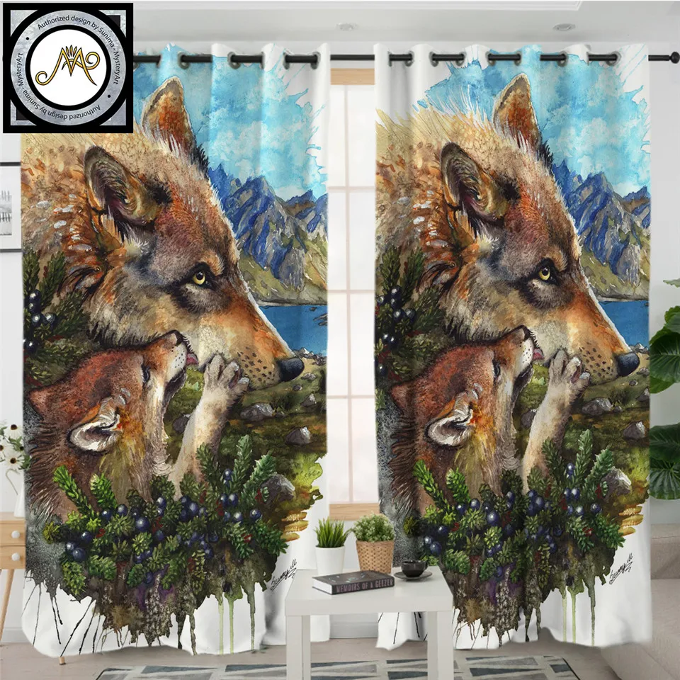 

Wolf Cub Mother by Sunima Art Curtain for Living Room Wolves Family Blackout Curtain Watercolor Animal Window Treatment Drapes